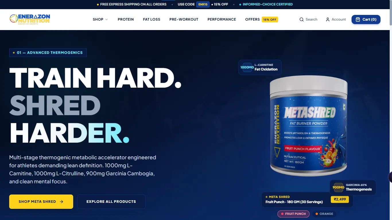 Enerazon Nutrition Store D2C fitness supplements website developed by Ajay Upadhyay